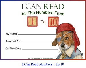 ‘I Can Read All the Numbers From One to Ten’ Award Certificate. Art of beagle-puppy pirate and lines for the student’s name, teacher or parent’s name, and achievement date.  